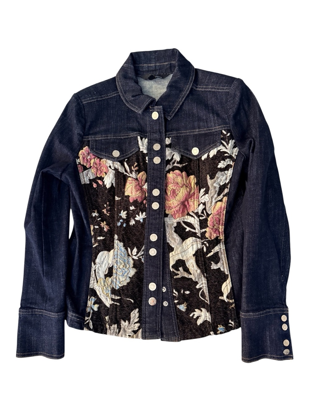 WHBM Embroidered Floral Denim Jacket shacket eclectic grandpa coquette girl cozy - Picture 1 of 9